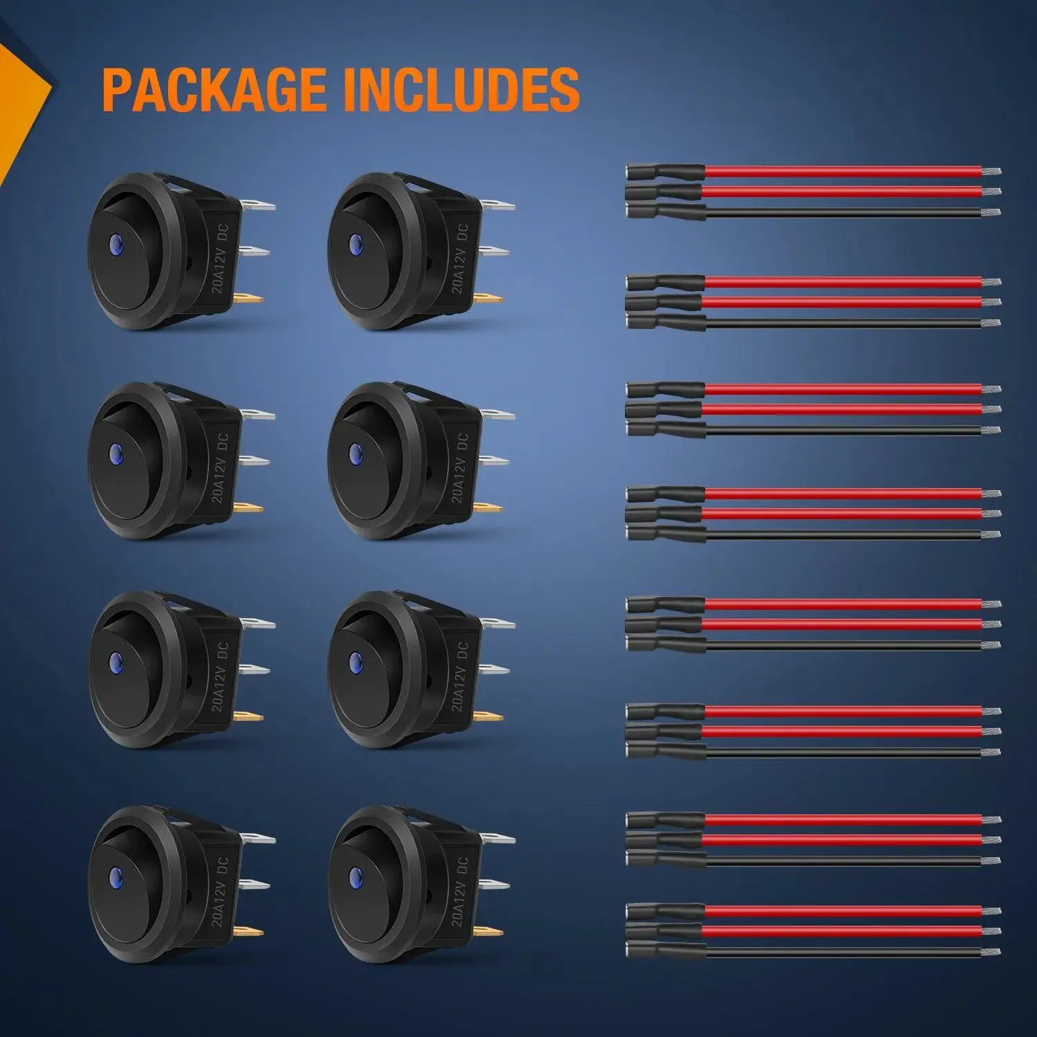 8Pcs 12V 20A Round Toggle LED Switch With Wires
