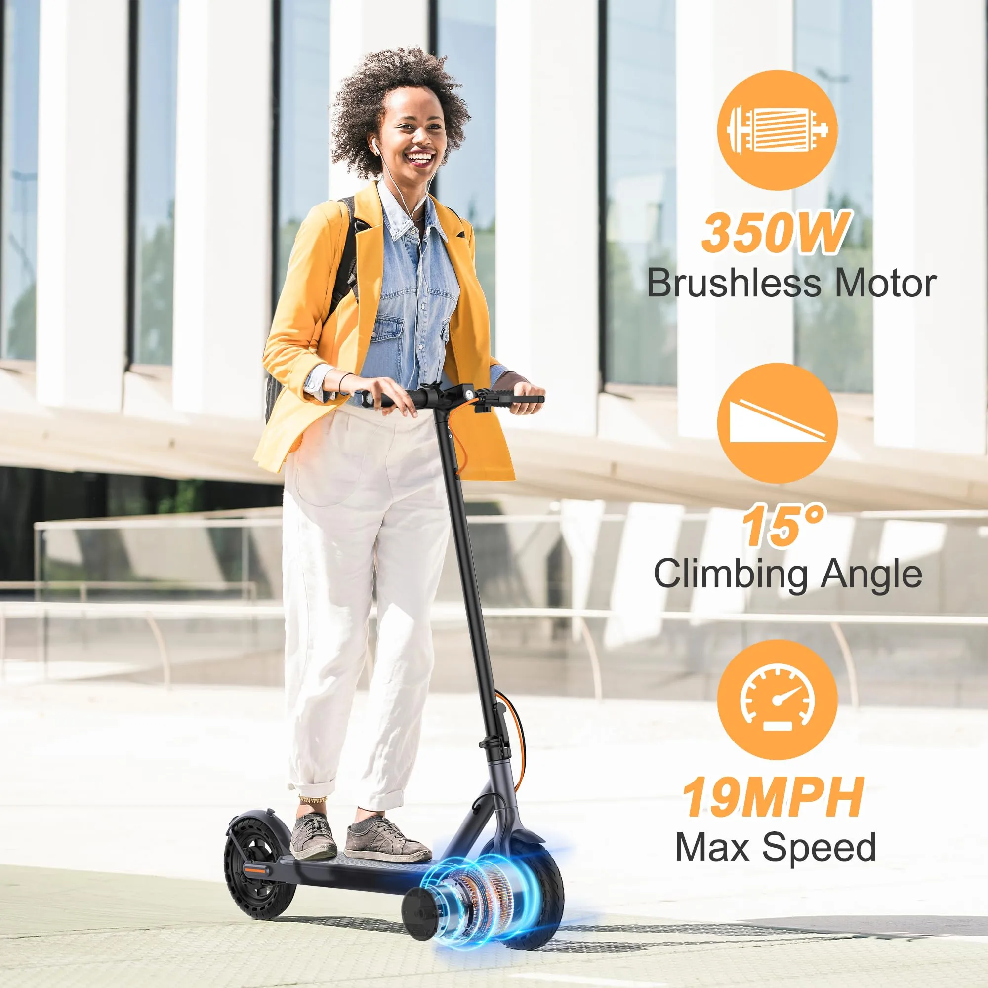 Electric Scooter, Powerful 350W Motor, 21Miles Long Range, Top Speed 19 MPH, 8.5" Solid Tires, Cruise Control, E Scooter for Adults and Teens (350W-20Miles-Orange)