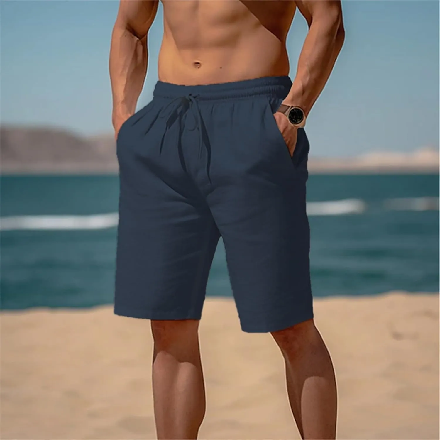 Men's Linen Shorts Casual Elastic Waist Drawstring 2025 Summer Beach Shorts