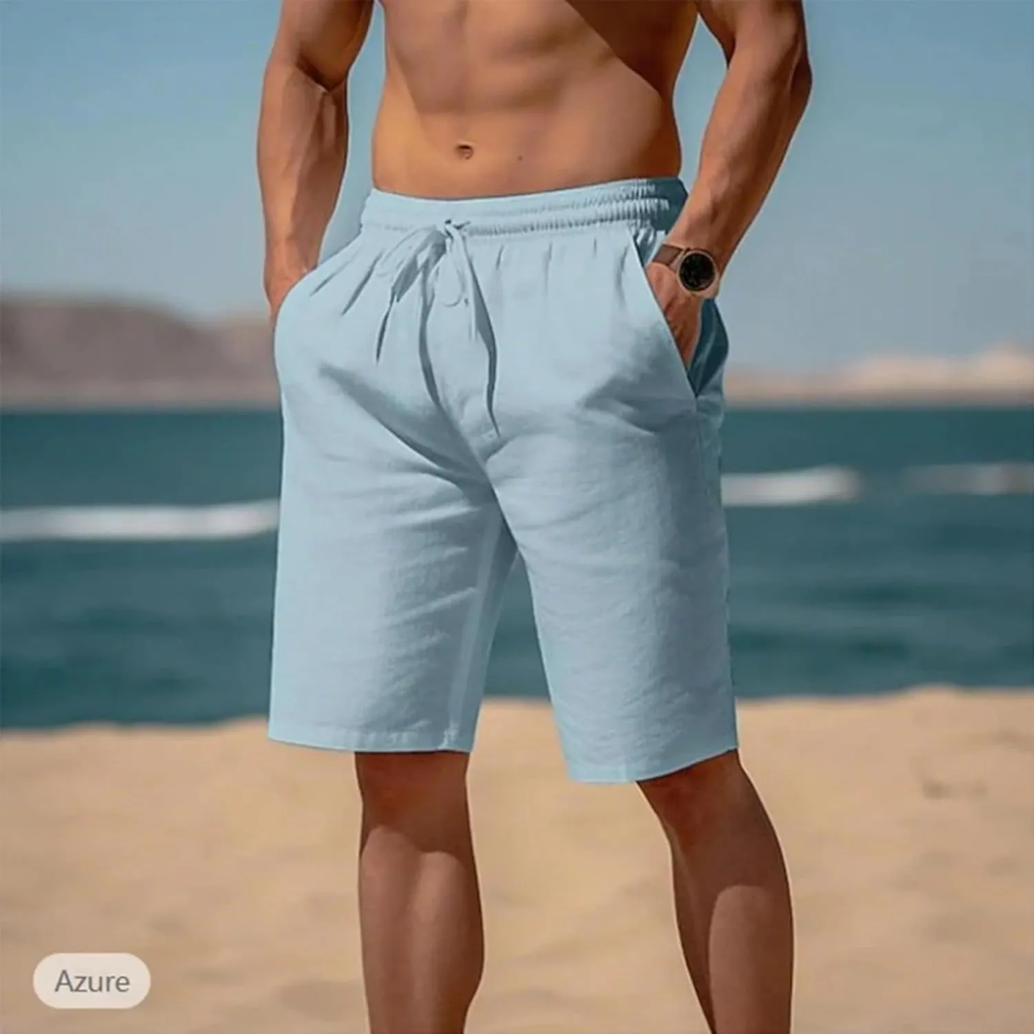Men's Linen Shorts Casual Elastic Waist Drawstring 2025 Summer Beach Shorts