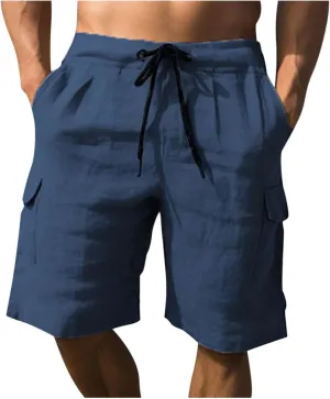 Muscularfit Mens Cotton Linen Shorts Casual Fashion Solid Drawstring Elastic Waist Shorts Summer Outdoor Vacation Beach Pants
