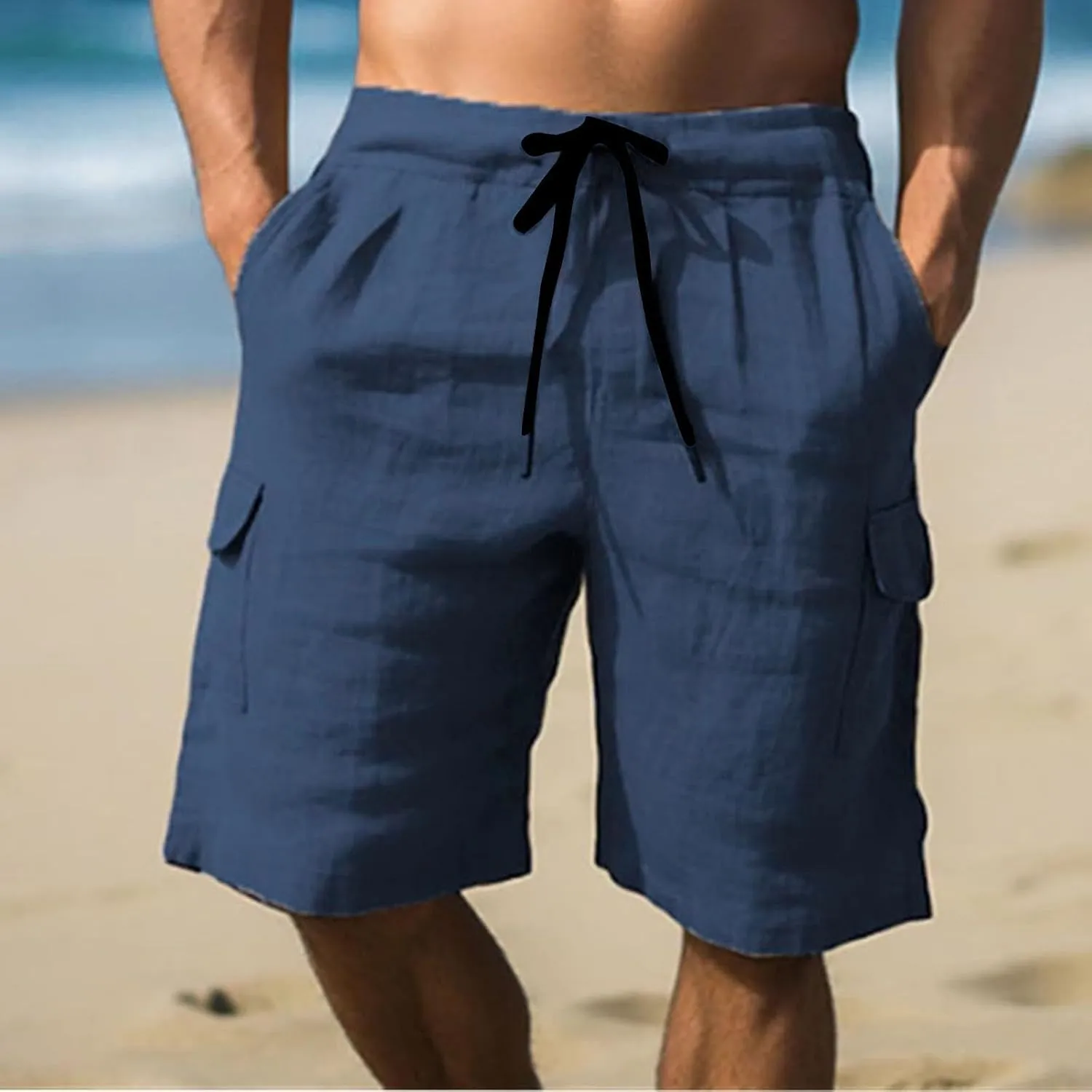 Muscularfit Mens Cotton Linen Shorts Casual Fashion Solid Drawstring Elastic Waist Shorts Summer Outdoor Vacation Beach Pants